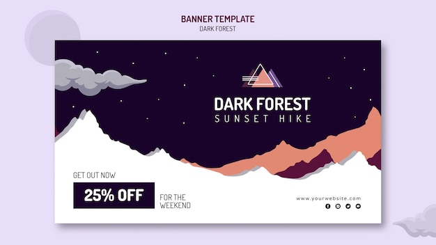 Horizontal banner template for dark forest hiking