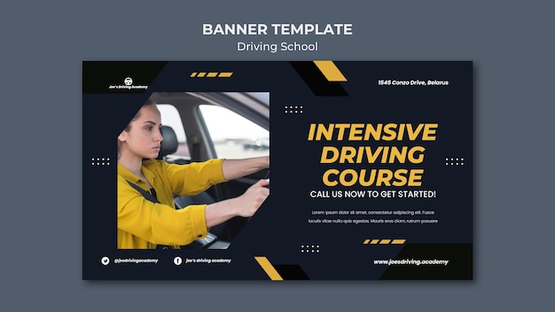 Horizontal banner template for driving school with female driver