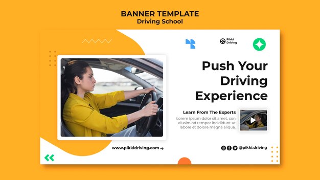 Horizontal banner template for driving school with woman and car