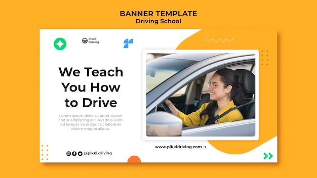 Free PSD horizontal banner template for driving school with woman and car