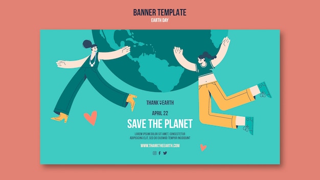 Free PSD horizontal banner template for earth day with people and planet