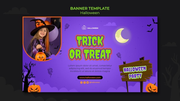 Free PSD horizontal banner template for halloween with kid in costume