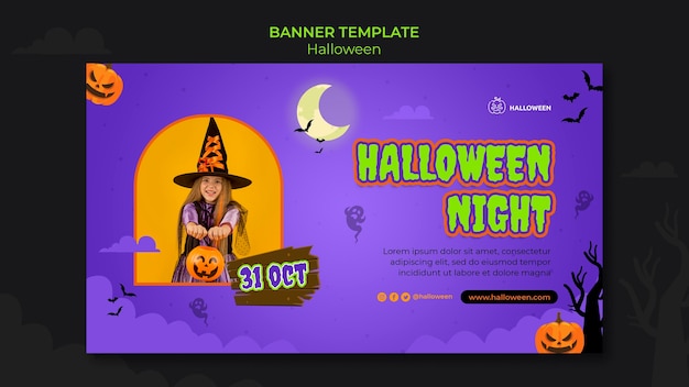 Horizontal banner template for halloween with kid in costume