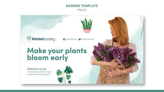 Free PSD horizontal banner template for houseplants care with woman