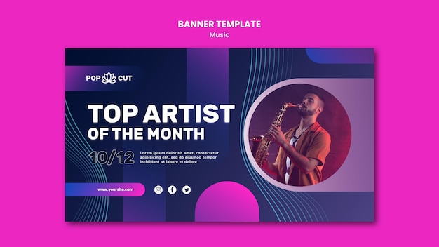 Horizontal banner template for music with male jazz player and saxophone