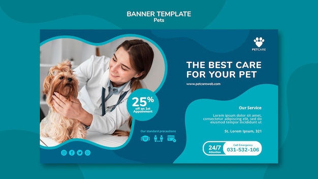 Free PSD horizontal banner template for pet care with female veterinarian and yorkshire terrier dog