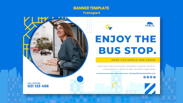 Free PSD horizontal banner template for public transportation with female commuter