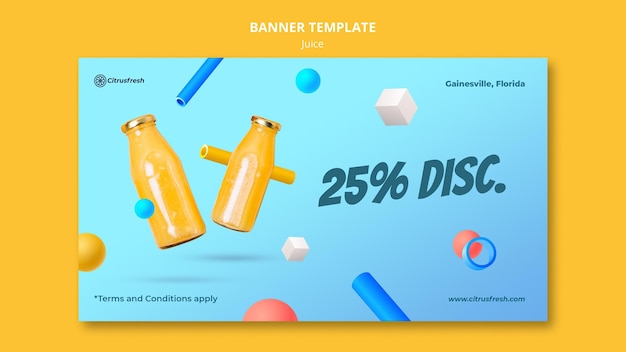 Free PSD horizontal banner template for refreshing orange juice in glass bottles