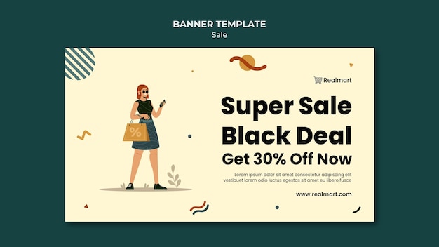 Free PSD horizontal banner template for sale with woman and shopping bags