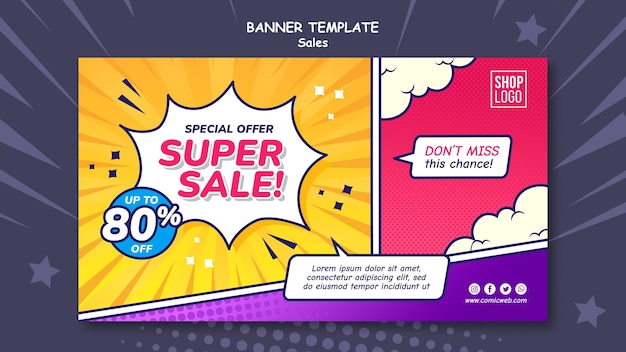 Horizontal banner template for sales in comic style