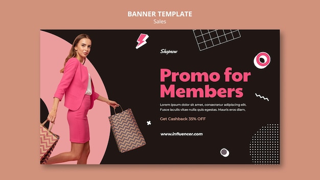 Free PSD horizontal banner template for sales with woman in pink suit