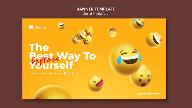 Horizontal banner template for social media chatting app with emojis