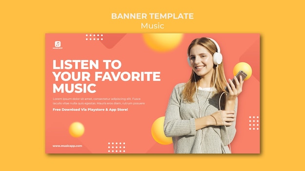 Free PSD horizontal banner template for streaming music online with woman wearing headphones