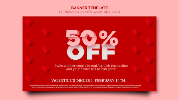 Free PSD horizontal banner template for valentine's day with hearts