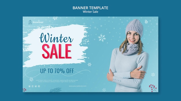 Free PSD horizontal banner template for winter sale with woman and snowflakes