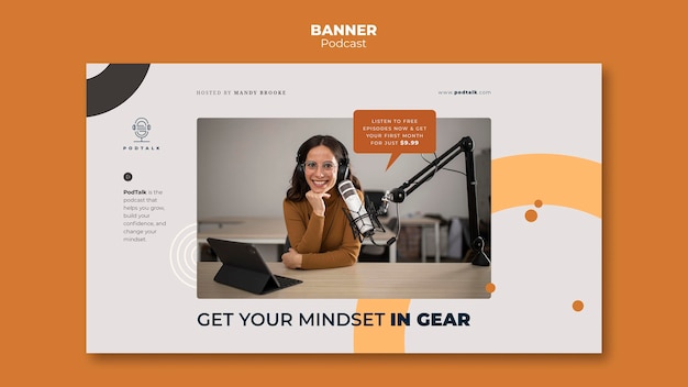 Horizontal banner template with female podcaster and microphone