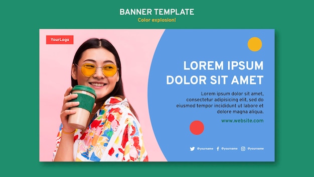 Horizontal banner template with woman drinking from cup