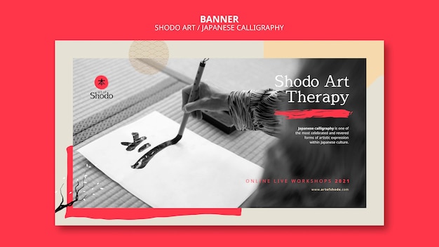 Free PSD horizontal banner template with woman practicing japanese shodo art