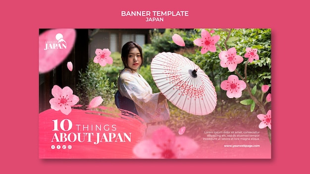 Free PSD horizontal banner for traveling to japan with woman and cherry blossom