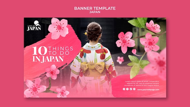 Free PSD horizontal banner for traveling to japan with woman and cherry blossom