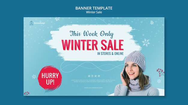 Free PSD horizontal banner for winter sale with woman and snowflakes