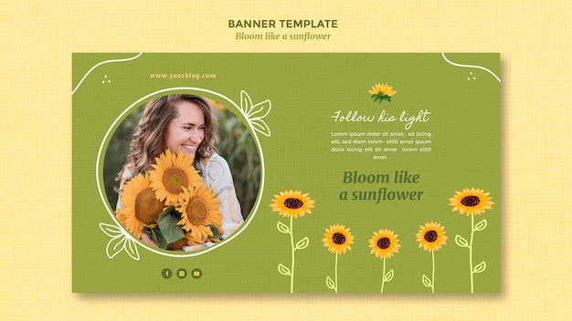 Free PSD horizontal banner with sunflowers and woman