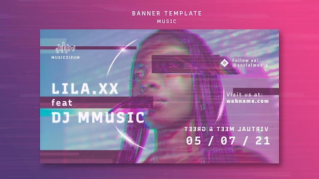 Horizontal neon banner template for music with artist