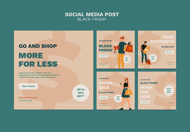 Free PSD illustrated black friday social media posts pack