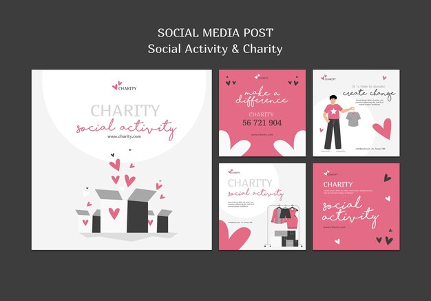 Illustrated social activity and charity instagram posts