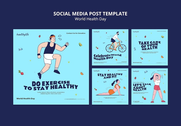 Free PSD illustrated world health day instagram posts