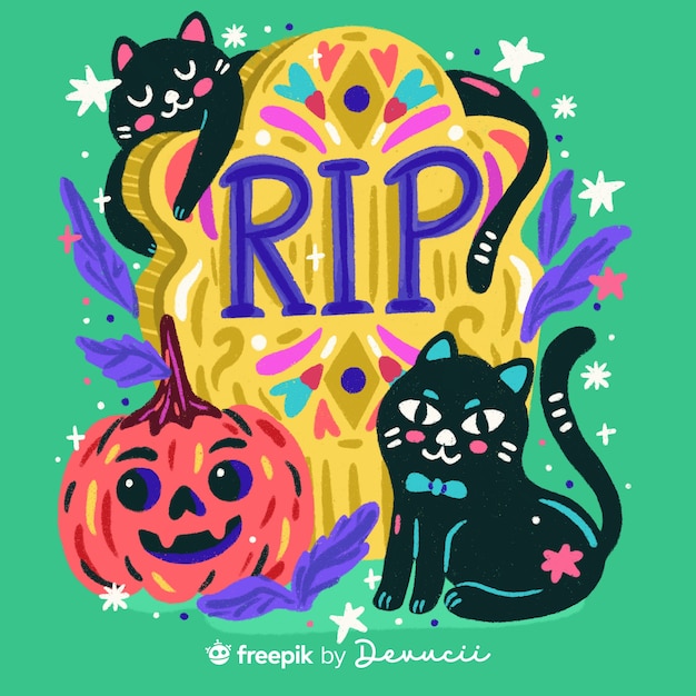 Free PSD illustration of tombstone with black cats and pumpkin