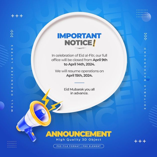 Free PSD important announcement social media post with megaphone 3d