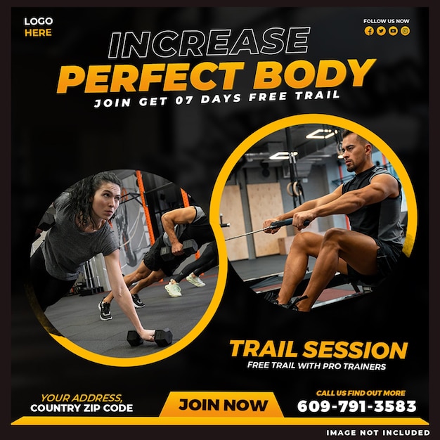 Free PSD incrase perfect body gym social media post design