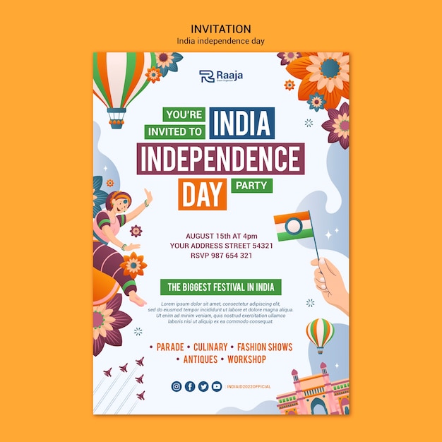 Free PSD india independence day invitation template with woman and flag