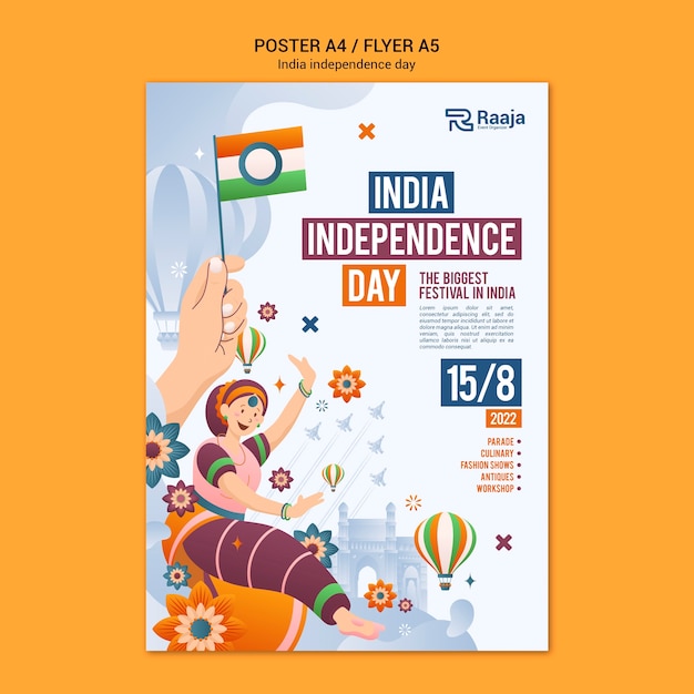 Free PSD india independence day vertical poster template with woman and flag