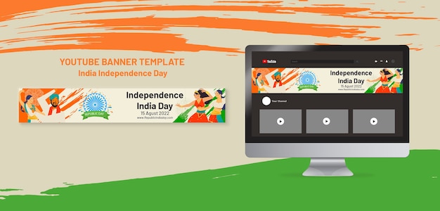 Free PSD india independence day youtube banner template with people dancing and flag colors