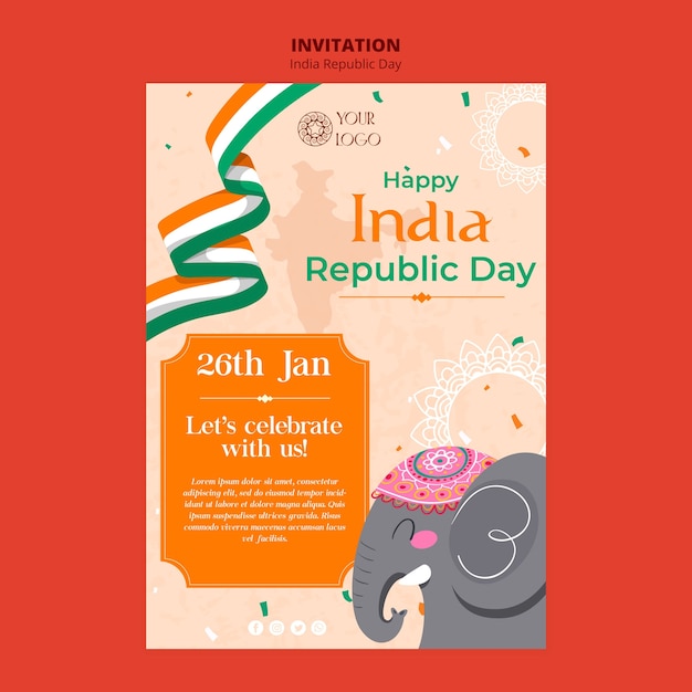 Free PSD india republic day invitation template with flag