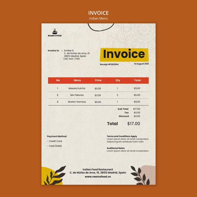 Indian food invoice design template