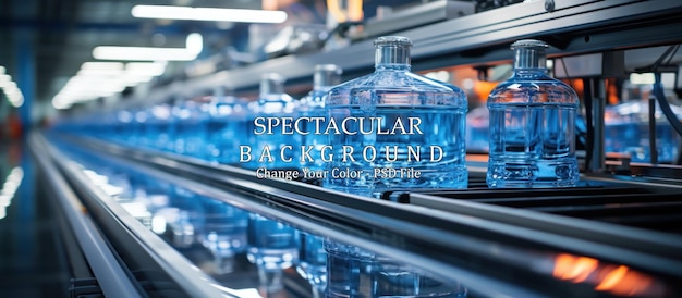 Free PSD industrial bottling plant with blue water jugs