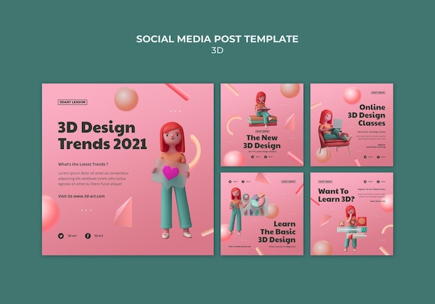 Free PSD instagram posts collection for 3d design with woman