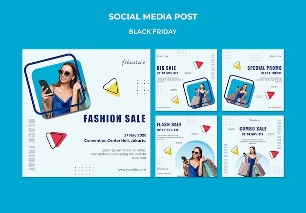 Instagram posts collection for black friday with woman and triangles