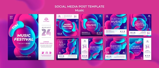 Instagram posts collection for electro music festival with neon liquid effect shapes