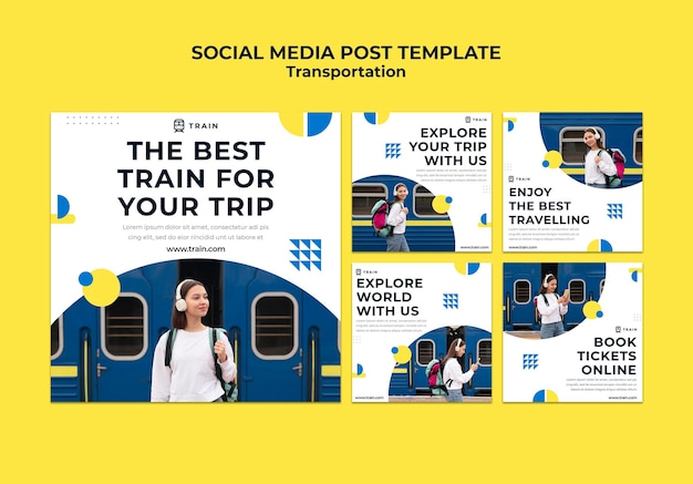 Free PSD instagram posts collection for public transportation by train with woman