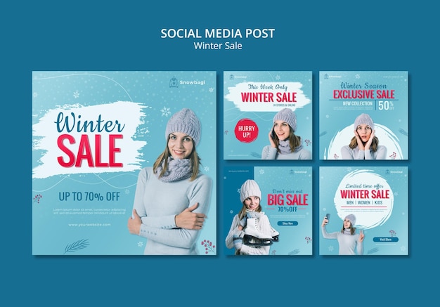 Instagram posts collection for winter sale with woman and snowflakes