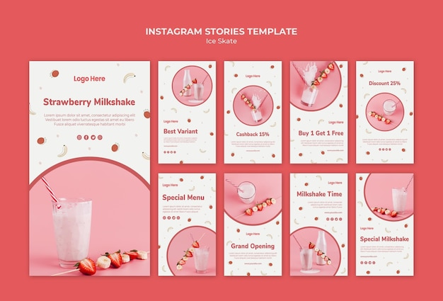 Free PSD instagram stories collection for strawberry milkshake