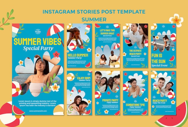 Free PSD instagram summer stories collection with beach ball and watermelon