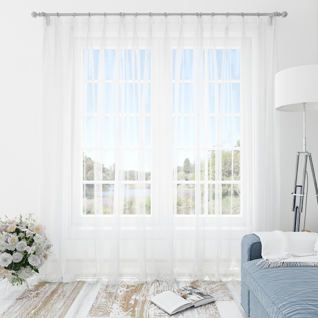 Free PSD interior room with white curtains