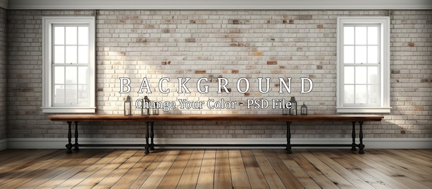 Free PSD interior with brick wall and wooden bench