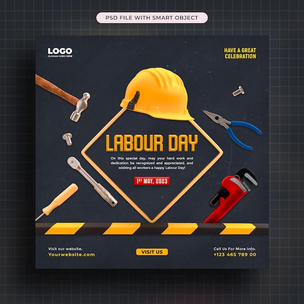 Free PSD international labour day with helmet security and tools social media post template