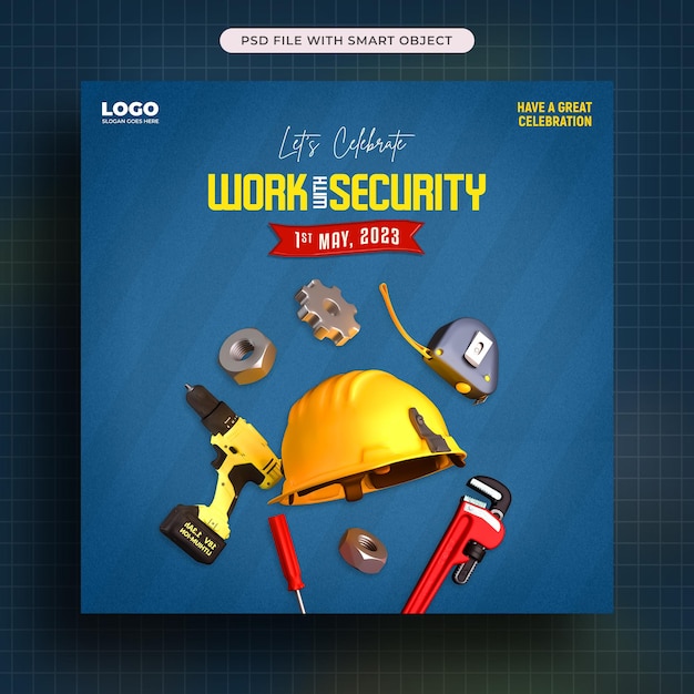 Free PSD international labour day with helmet security and tools social media post template